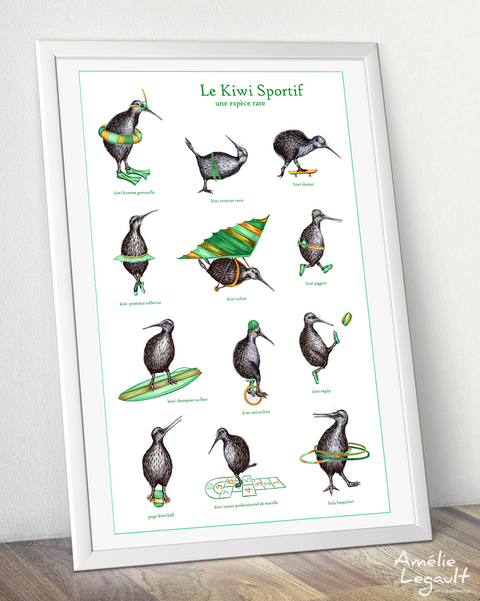 Athletic kiwi bird print, home decor, art print, amelie legault, kiwi illustration, kiiw bird art, kiwi bird drawing, sport illustration, new zealand