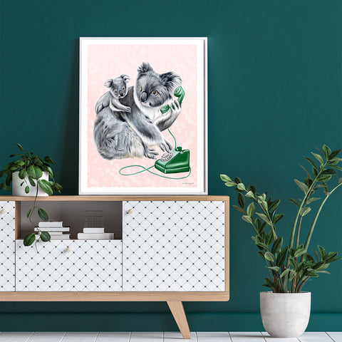 koalas, koala painting, koala illustration, koala artwork, amelie legault. vintage phone, rotary phone, koala on the phone, baby koala, mother koala