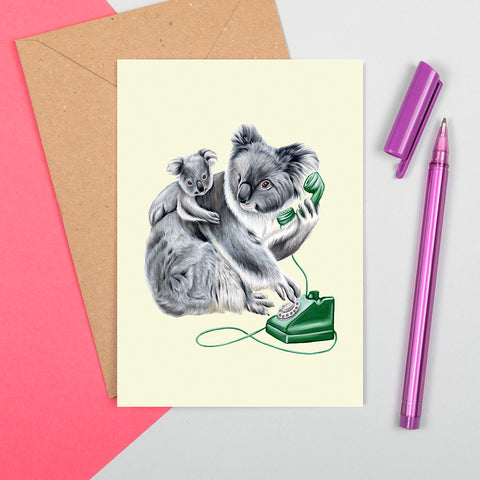 koala au téléphone, carte de koala, carte de fête, carte de fête des mères, cartes de fête de pères, amelie legault, carte de naissance, carte allo, carte bonjour