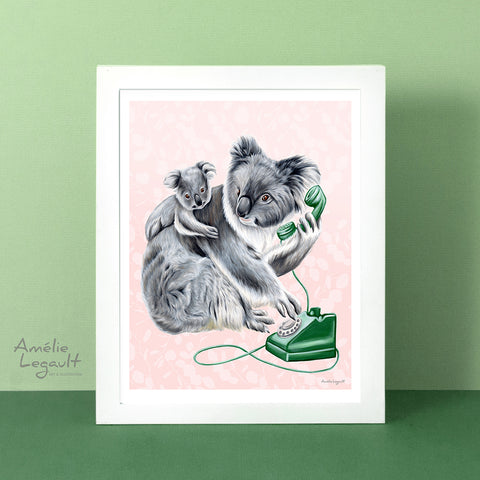 koalas, koala painting, koala illustration, koala artwork, amelie legault. vintage phone, rotary phone, koala on the phone, baby koala, mother koala