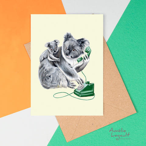 koala on the phone, koala card, koala birthday card, father's day card, mother's day card, birth congratulation card, amelie legault