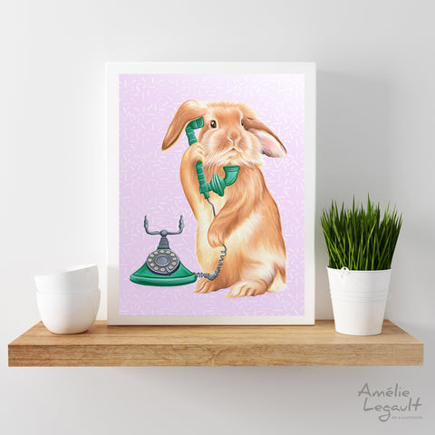 Rabbit illustration, rabbit ont he phone, rotary phone, phone art, amelie legault, hollad hop