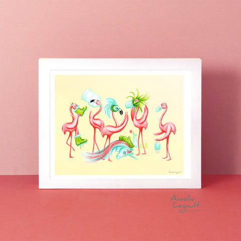 Pink flamingos wearing medical mask, flamingo art work, flamingo decor, flamingo party, flamingo love, flamingo theme, pandemic, covid-19 souvenir, amelie legault