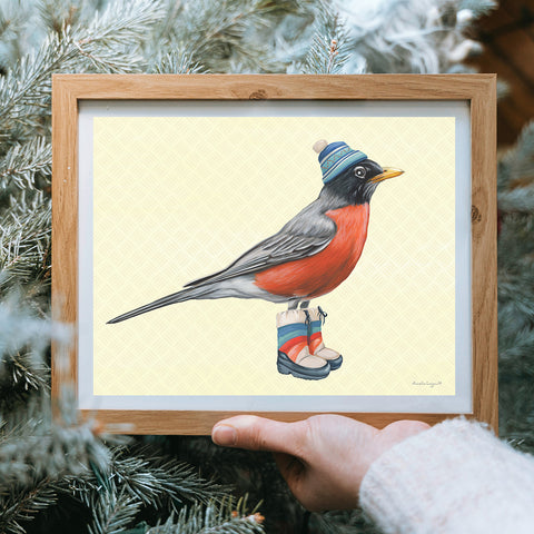 american robin, black bird, american robin illustration, bird painting, bird artwork, bird art print, amelie legault, moon boots, 1980s style, winter style, canadian bird, north american bird