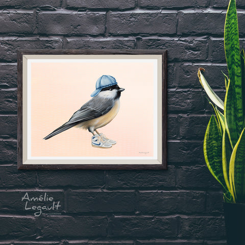 chickadee print, chickadee art work, chickadee painting, chickadee wearing shoes, amelie legault, canadian bird, bird illustration, bird painting, north american bird