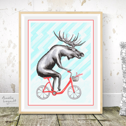 Moose on a bike, art Print, moose Drawing, moose art print, amelie legault, canadian animal, canadian art, canadian artist, bicycle art print, bike illustration