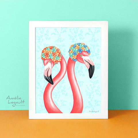 Flamingo art, flamingo love, amelie legault, flamingo illustration, swim caps, art print, flamingo decor