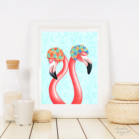 Flamants roses, illustration de flamant, casques de bain, illustration, art, affiche, années 50, amelie legault 