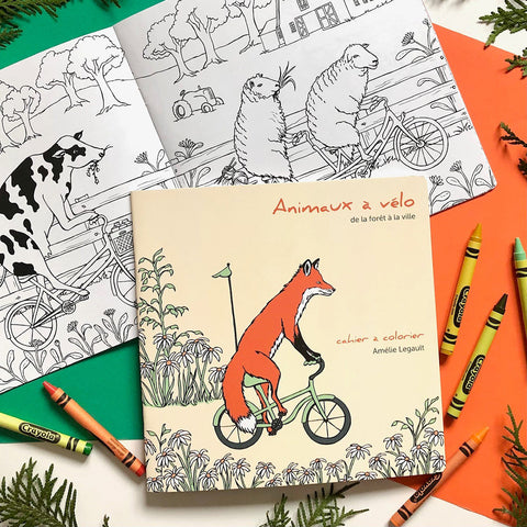 cahier à colorier, animaux à vélo, amélie legault, renard à vélo, animaux de la ferme, animaux de la forêt, animaux de la ville, coloriage pour enfants, coloriages pour adultes