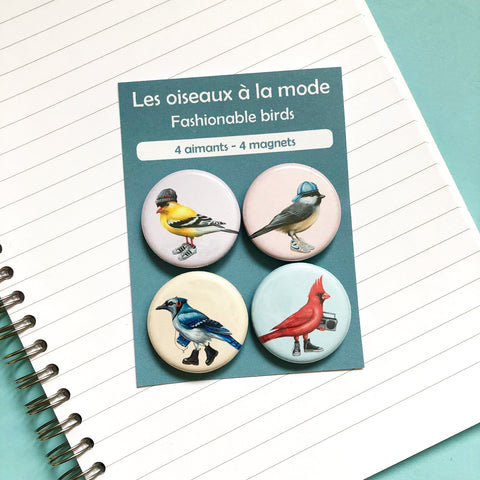 Ensemble de 4 aimants d'oiseaux nord américains, oiseaux du canada, oiseaux du québec, geai bleu, cardinal, chardonneret, mésange, par Amélie Legault 