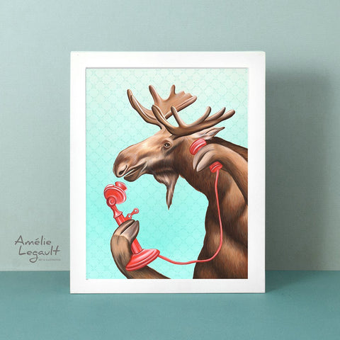 moose illustration, moose art print, canadian art, canadian artist, amelie legault, vintage phone, phone illustration, canadian animal, gouache painting