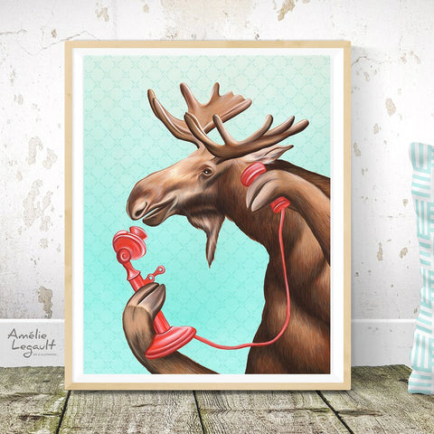 moose illustration, moose art print, canadian art, canadian artist, amelie legault, vintage phone, phone illustration, canadian animal, gouache painting