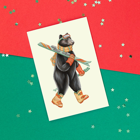 carte de souhaits d'ours noir canadien par Amélie Legault, carte de noël d'ours noir en ski, Canadian and north american black bear Christmas card, black bear skiing holiday card by Canadian artist Amelie Legault 