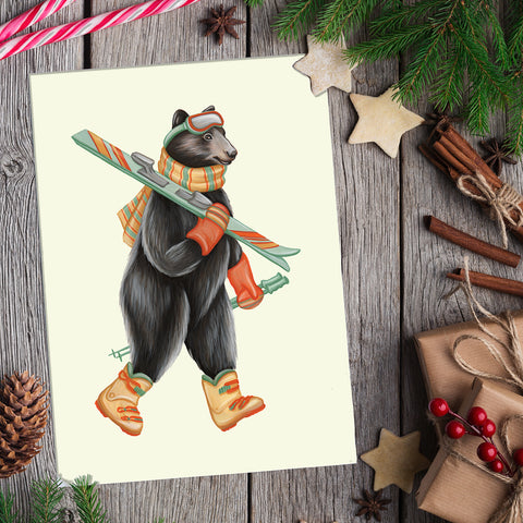 carte de souhaits d'ours noir canadien par Amélie Legault, carte de noël d'ours noir en ski, Canadian and north american black bear Christmas card, black bear skiing holiday card by Canadian artist Amelie Legault