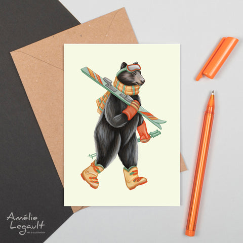 carte de souhaits d'ours noir canadien par Amélie Legault, carte d'anniversaire d'ours noir en ski, Canadian and north american black bear greeting card, black bear skiing birthday card by Canadian artist Amelie Legault 