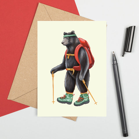 carte de souhaits d'ours noir canadien par Amélie Legault, carte d'anniversaire d'ours randonnée, Canadian and north american black bear greeting card, black bear hiking birthday card by Canadian artist Amelie Legault