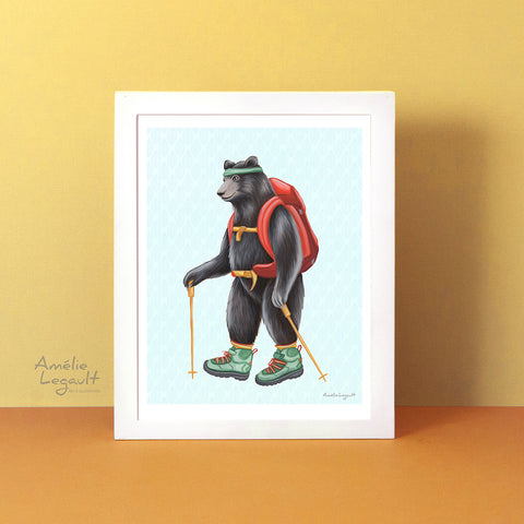 carte de souhaits d'ours noir canadien par Amélie Legault, carte d'anniversaire d'ours randonnée, Canadian and north american black bear greeting card, black bear hiking birthday card by Canadian artist Amelie Legault 