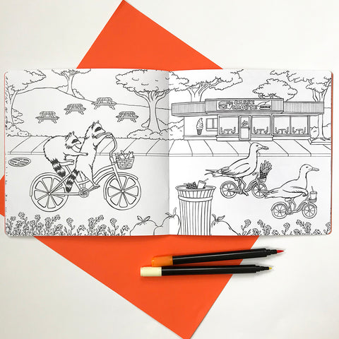 Coloring book, Animals on bikes, amelie legault, canadian animals, raccoon illustration, sea gull illustration, coloring for kids