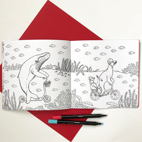 Coloring book, Animals on bikes, Amélie Legault, made in canada, whale illustration, sea lin illustration, under the sea, sea animals, coloring for kids