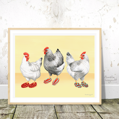 Hens illustration, Chickens wearing slippers, art Print, gouache Painting, Home Decor, kitchen decor, chicken illustration, artwork, amelie legault, canadian artist, canadian art