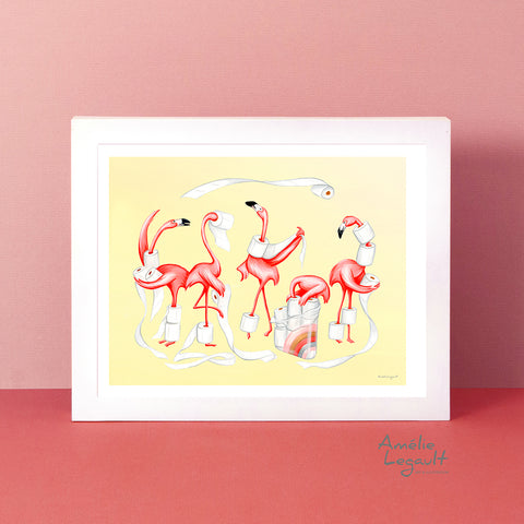 toilet paper hoarders, hoarding toilet paper, self isolation, in this together, amelie legault, art print, flamingo art work, flamingo art print, gouache, bathroom decor, bathroom wall art