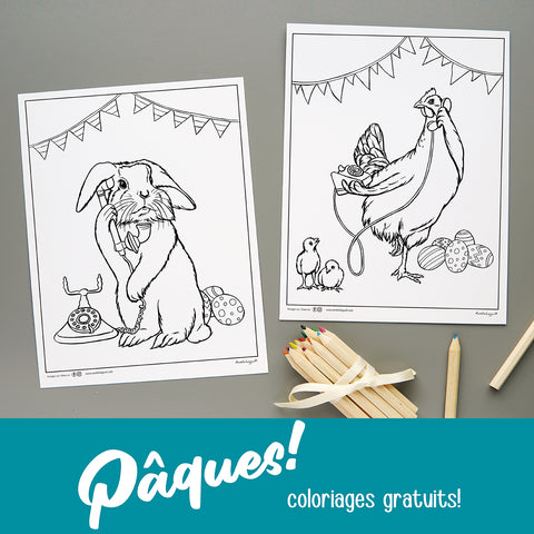 coloriage gratuit, coloriage de pâques, lapin de pâques, poule en chocolat, amélie legault, oeufs de pâques, animaux au téléphone, joyeuses pâques, téléchargeable