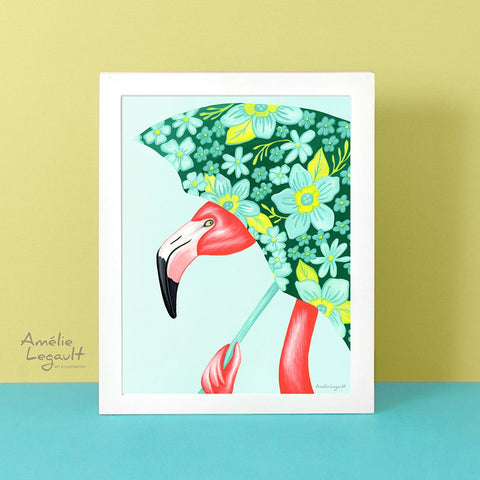 flamingo art, flamingo love, flamingo decor, flamingo illustration, umbrella art, umbrella illustration, amelie legault, flamingo with umbrella, flowered umbrella, rainy days