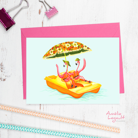 Pink flamingo, pedal boat, greeting card, birthday card, amelie legault 