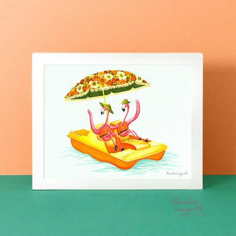 Pink Flamingo, pedal boat, art print, painting, flamingo art, flamingo love, flamingo decor, amelie legault