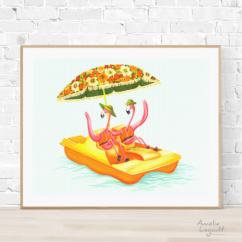 Pink Flamingo, pedal boat, art print, painting, flamingo art, flamingo love, flamingo decor, amelie legault