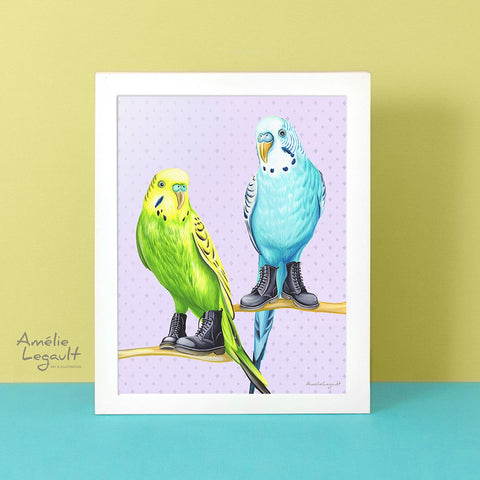 Parakeets wearing boots, art Print, gouache painting, home decor, amélie legalt, parakeet painting, parakeet print, parakeet illustration, canadian art, canadian artist, made in canada