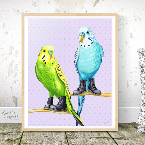 Parakeets wearing boots, art Print, gouache painting, home decor, amélie legalt, parakeet painting, parakeet print, parakeet illustration, canadian art, canadian artist, made in canada