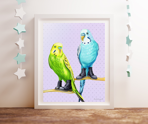 Parakeets wearing boots, art Print, gouache painting, home decor, boots, prints, art, illustration, amelie legault, canadian artist, made in canada