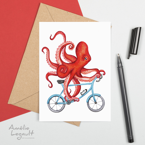 Octopus on bike greeting card by Amelie Legault 