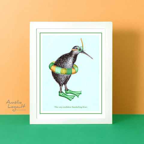 Snorkeling, diving, kiwi bird, art print, home decor,kiwi drawing, new-zealand, amelie legault