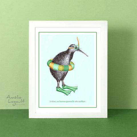 Kiwi, oiseau, illustration de kiwi, plongée, affiche, décoration, dessin de kiwi, amélie legault, nouvelle-zélande