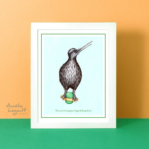 Kiwi bird, kiwi illustration, kiwi art, pogo ball, art print, home decor, amelie legault, new zealand