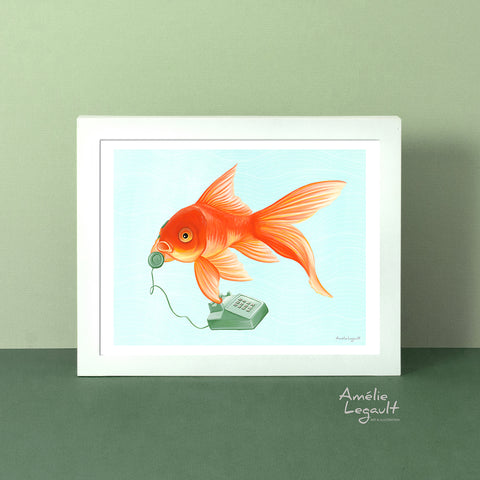 goldfish artwork, goldfish art print, goldfish decor, goldfish painting, goldfish drawing, goldfish on the phone, hello, amelie legault, canadian artist