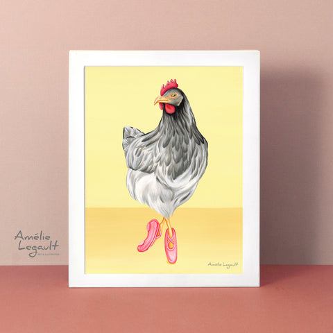 Ballerina illustration, ballerina print, ballet illustration, chicken illustration, Hen doing ballet, art Print, Gouache, gouache Painting, amelie legault, made in canada, canadian artist