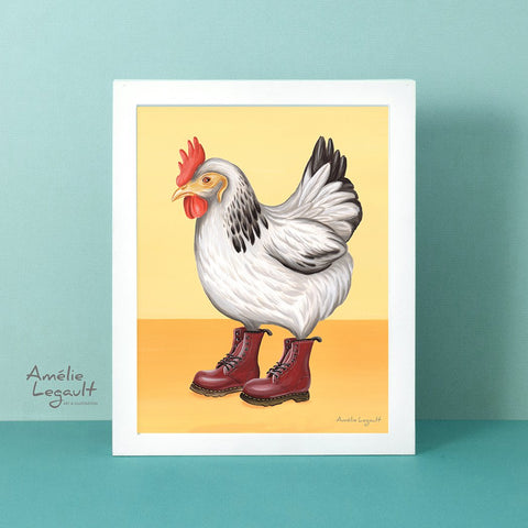 Hen illustration, chicken illustration, doc martens painting, doc martens illustration, Chickens wearing boots, art Print, Home decor, amelie legault, canadian artist, made in canada