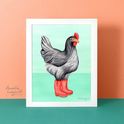 Poule en bottes de pluie, Affiche, Peinture, Gouache, illustration de poule, peinture de poule, amelie legault, artiste montréalaise, fait au québec, bottes de pluie illustration