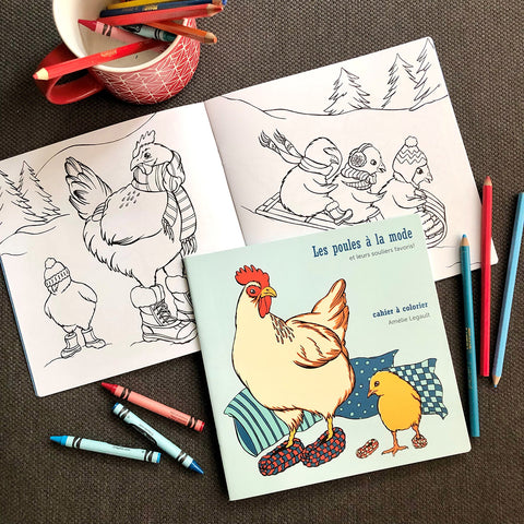 cahier à colorier, les poules à la mode, poule, dessins de poule, amélie legault, illustration de poule, coloriage pour enfants