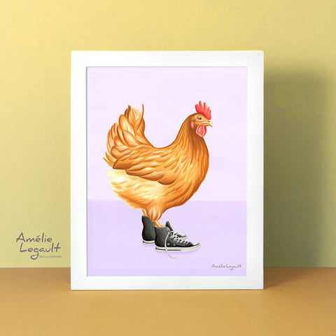 Chicken wearing shoes, art Print, gouache painting, home decor, amelie legault, hen illustatration, shoe illustration, sneaker shoes print, shoes painting, chicken illustration, canadian artist, made in canada