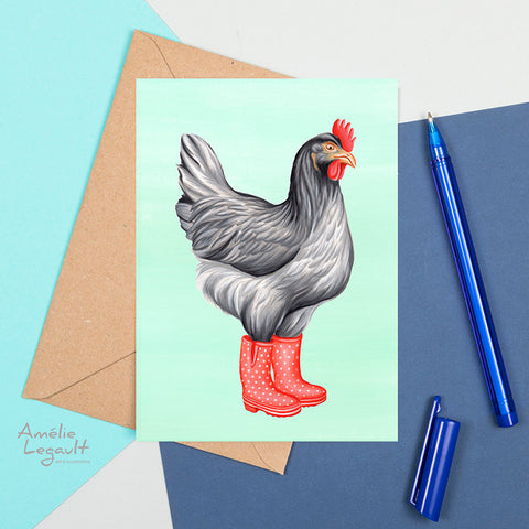 Poule, bottes de pluie, carte de souhaits, carte d'anniversaire, amelie legault