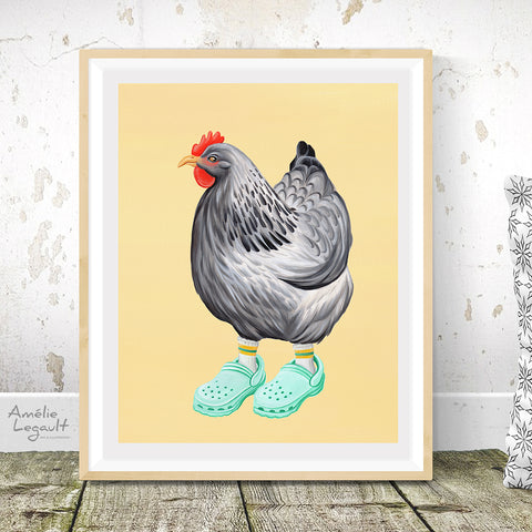 Poule, illustration de poule, peinture de poule, souliers, illustration amélie legault, fait à montréal, affiche, gouache 