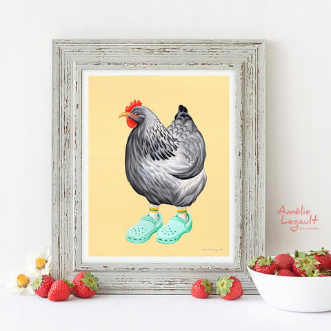 Hen illustration, chicken illustration, shoes, shoes illustration, hen painting, gouache painting, amelie legault, art print, artwork, canadian artist, kitchen decor