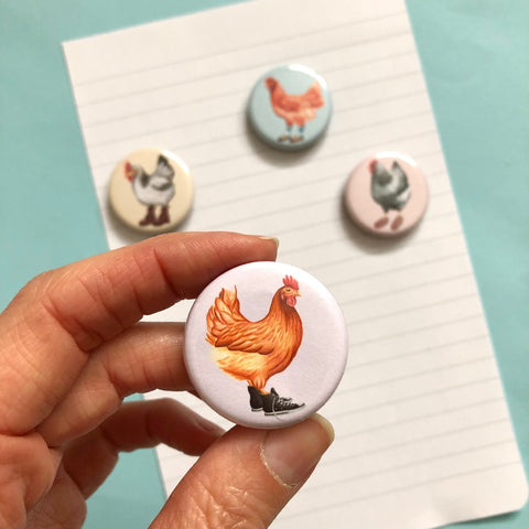 Set of 4 fashionable hens magnets, chicken magnets, by artist and illustrator Amelie Legault 