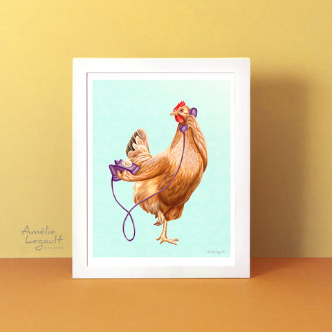 affiche de poule, illustration de poule, decoration de poule, amelie legault, chicken artwork, chicken illustration, hen decoration, on the phone, téléphone