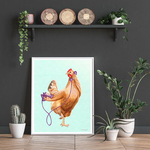 affiche de poule, illustration de poule, decoration de poule, amelie legault, chicken artwork, chicken illustration, hen decoration, on the phone, téléphone