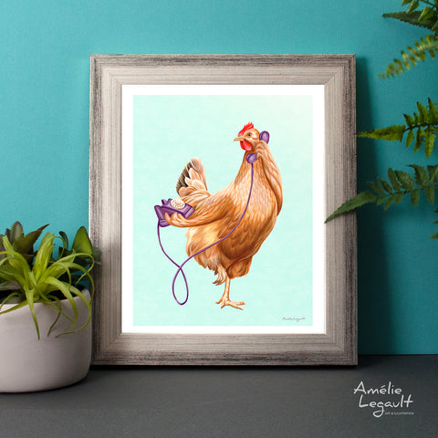 affiche de poule, illustration de poule, decoration de poule, amelie legault, chicken artwork, chicken illustration, hen decoration, on the phone, téléphone